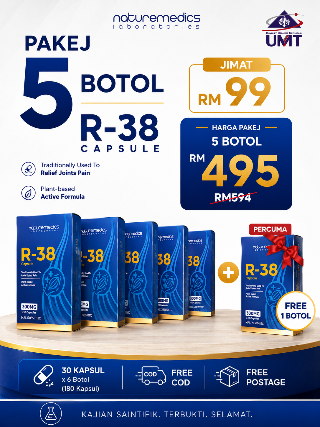 Pakej 5 botol R-38 RM495, percuma 1 botol, jimat RM99