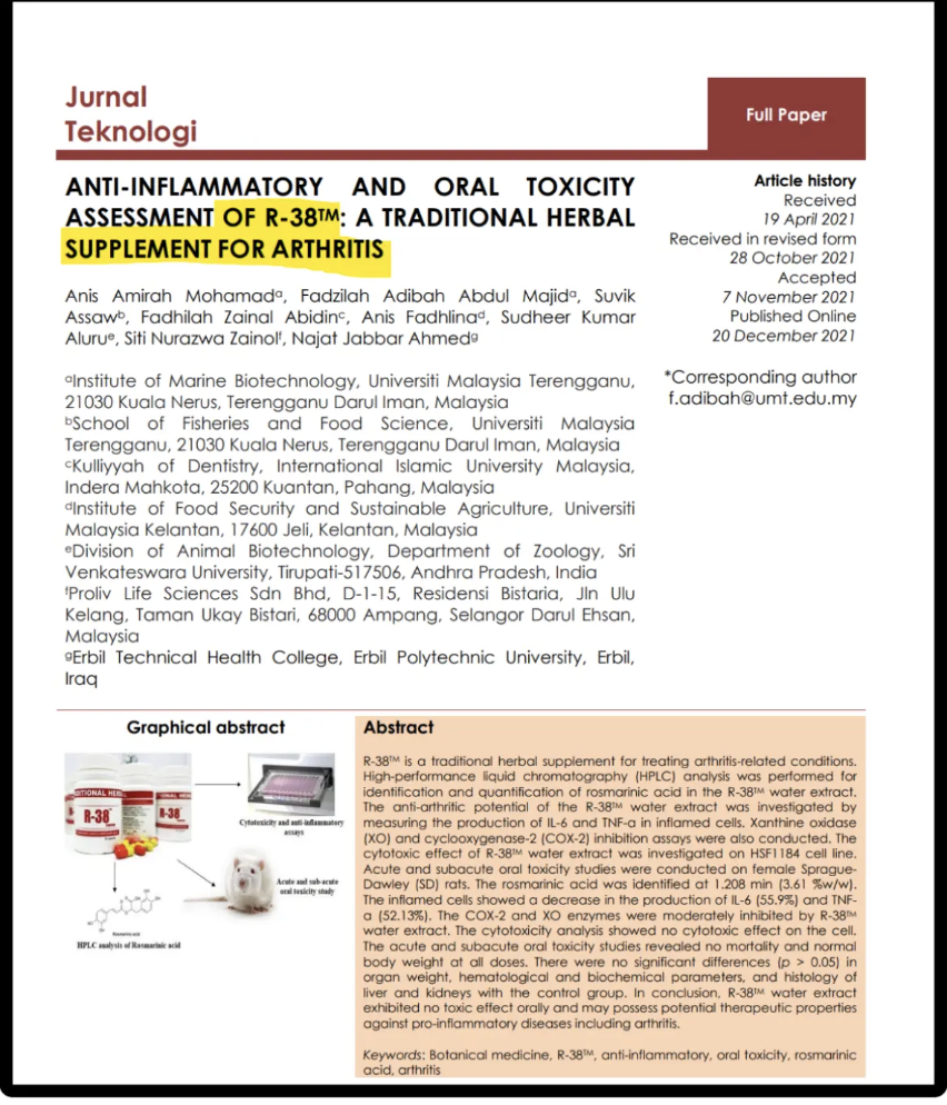 Halaman pertama kertas kajian Jurnal Teknologi: Anti-inflammatory and Oral Toxicity Assessment of R-38, a traditional herbal supplement for arthritis, dengan pengarang dan abstrak