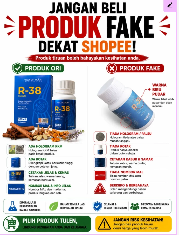 Infografik perbezaan produk R-38 ori dan fake: hologram KKM, kotak, cetakan dan nombor MAL