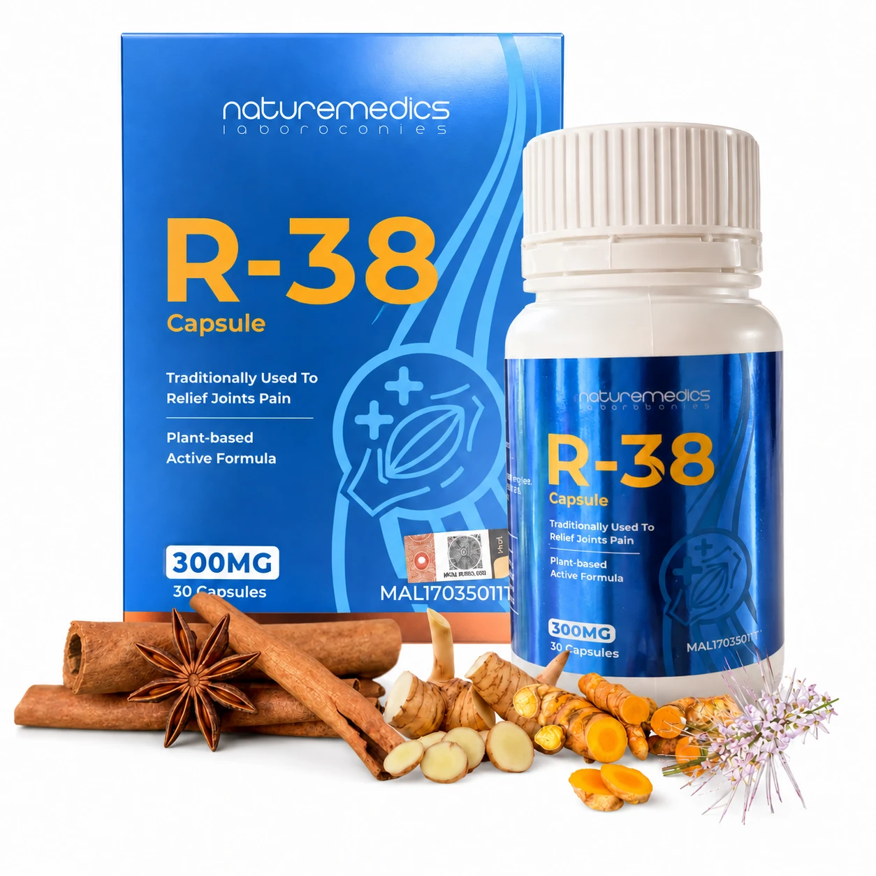 Kotak dan botol Kapsul R-38 300mg, 30 kapsul, bersama lengkuas, kunyit, kayu manis dan misai kucing